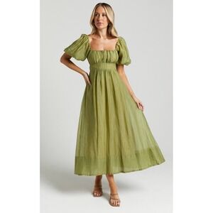Showpo Roshina Maxi Dress Puff‎ Sleeve Square Neck Olive Green Size 8